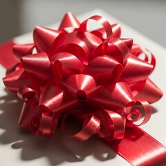 Red Ribbon Bow on Gift Box Closeup.