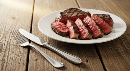 Perfectly grilled steak, sliced and served on a plate with cutlery