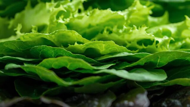 Fresh, vibrant green and red lettuce leaves are stacked beautifully. Healthy organic produce shows natural textures and rich colors.