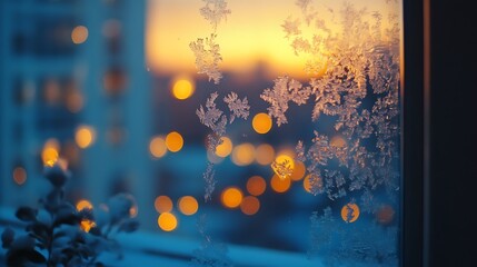 Ice crystal patterns on windows with blurred lights beyond