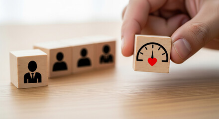 Hand holding wooden cube with heart gauge and people icons