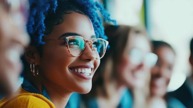 A diverse group of people smiling and enjoying a seminar or conference