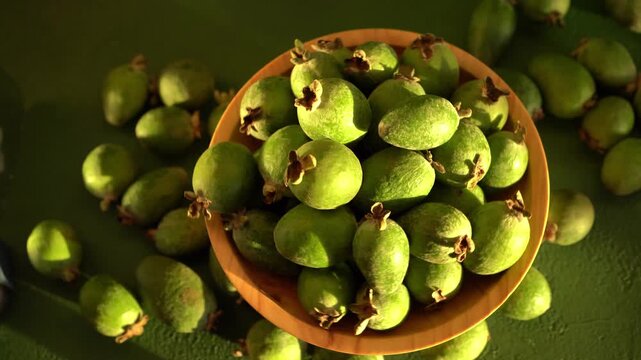 Feijoa green fruit bowl. Vegetarian food