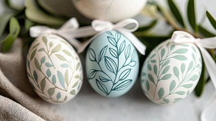 Three Pastel Easter Eggs Adorned with Delicate Floral Patterns and Tied with White Ribbons Surrounded by Greenery on a Textured Surface