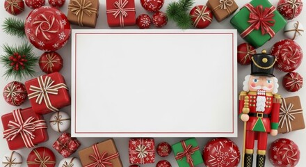 Weihnachtliche Geschenke und Deko mit Nussknacker rahmen eine helle Fl&auml;che fr&ouml;hlich festlich und klassisch ein Generative KI