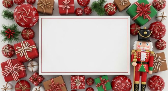 Weihnachtliche Geschenke und Deko mit Nussknacker rahmen eine helle Fl&auml;che fr&ouml;hlich festlich und klassisch ein Generative KI