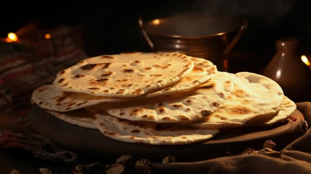 A pile of tortillas on a wooden table. The tortillas are stacked on top of each other