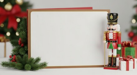 Weihnachtliche Szene mit Nussknacker Geschenken und leerer Karte auf hellem Hintergrund wirkt festlich und klassisch Generative KI