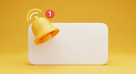 3d rendering of a notification bell with number one on a white rounded rectangle against a yellow background for social media and app alerts