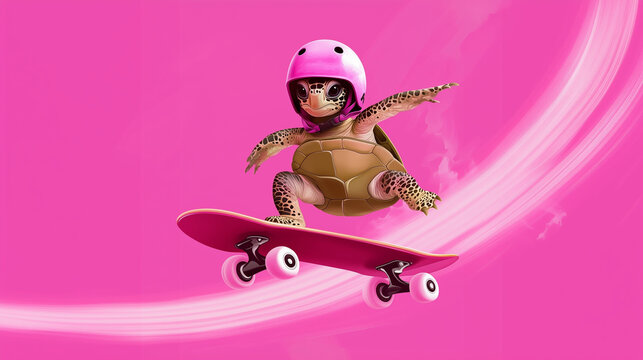A determined turtle rides a skateboard with perseverance and willpower, pushing forward on its adventure. - Powered by Adobe
