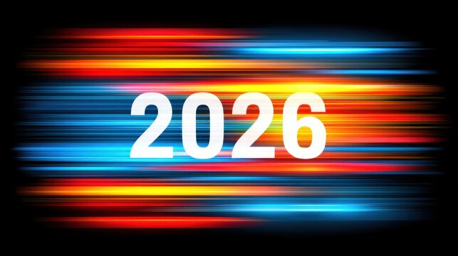 Abstract illustration of the year 2026 with colorful light trails design