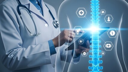 Doctor examining spine with digital interface for diagnosis and treatment planning