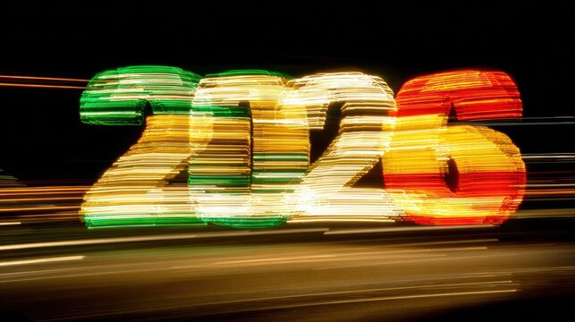 Abstract light trails forming the year 2026 against a transparent background