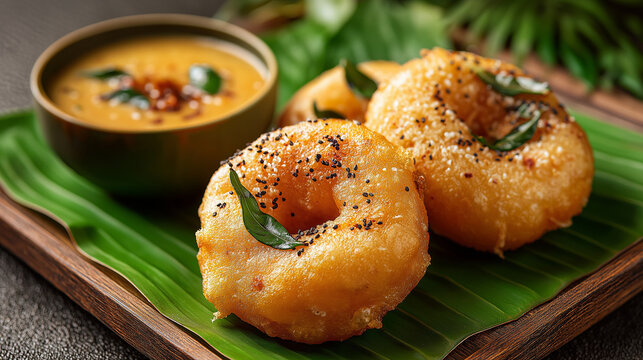 Golden crispy medu vada with signature donut shape, placed on banana leaf with a small sambhar bowl