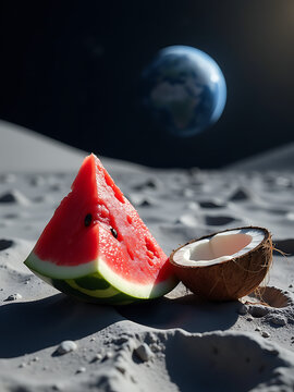 shot watermelon slice coconut shell lunar regolith backdrop earth curvature visible distance