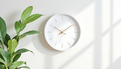 Modern white room features a white clock on a wall adorned with green plants bathed in natural light
