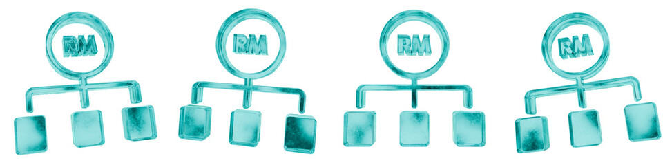 Set of four 3D malaysian ringgit money allocation shapes in frosted blue ice glass style, isolated on a transparent background. Glassmorphism icons and 3D elements for modern graphic design.