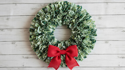 Festive green fabric rag wreath adorned with a bright red bow hangs on a rustic white wooden plank wall