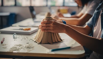 Student's hands meticulously crafting a volcano model for a science project in a classroom setting.