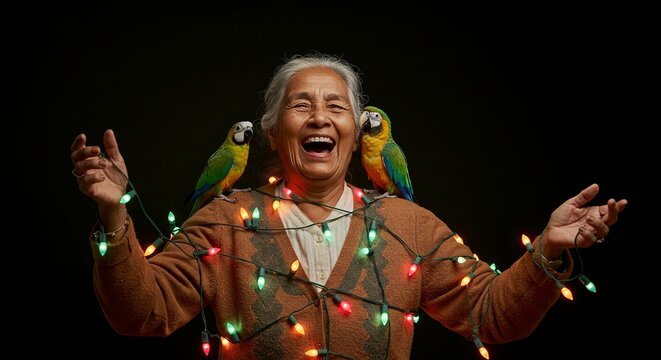 Elderly woman laughing with parakeets perched on shoulders wrapped in christmas lights