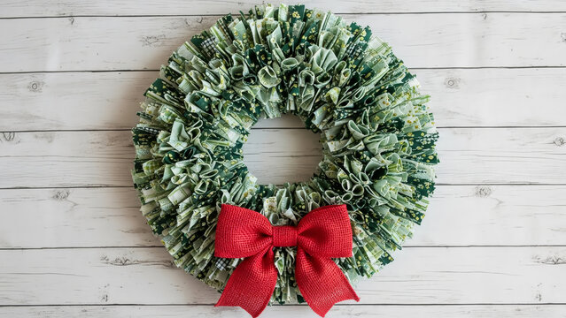Festive green fabric rag wreath adorned with a bright red bow hangs on a rustic white wooden plank wall