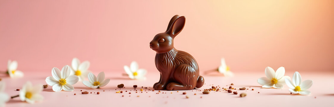 lone intricately designed chocolate bunny slowly disintegrates minimalist backdrop amidst scattered spring flowers