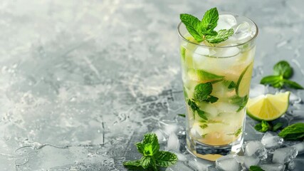 A glass of limeade with ice cubes and mint leaves. The glass is half full
