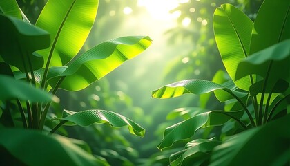 Lush tropical forest with lush green banana leaves bathed in soft natural light from sky