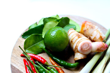 Ingredients for Thai food, Tom Yum. Kaffir lime leaves, galangal, lemongrass, lime, and chilies.