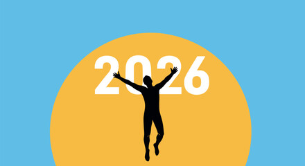 Celebrating success and looking forward to a hopeful future, a New Year 2026 greeting concept with a joyful person vector illustration