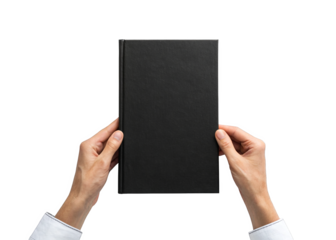 hand holding blank black hardcover book isolated on a transparent background.
