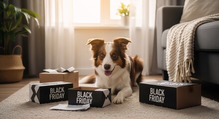 Happy dog lying on a rug with Black Friday boxes in a cozy home, embodying pet friendly shopping and promotion concept for holiday season.