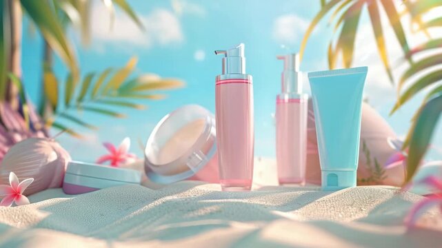 A collection of cosmetic bottles and jars with a tropical backdrop.