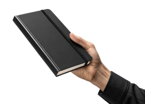 hand holding blank black hardcover book isolated on a transparent background. - Powered by Adobe
