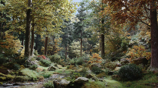 A tranquil forest scene with a flowing stream and verdant foliage. A symphony of trees bathed in natural light, evoking a sense of calm and serenity