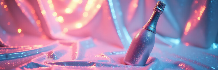 gleaming champagne bottle sits atop holographic iridescent neon background shimmering pastel hues surrounded lavish swirling