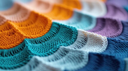 Vibrant Rainbow Hues Crochet Texture With Repeating Scale Pattern In Close Up Macro Detail With Soft Natural Lighting And Shallow Depth Of Field