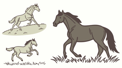 Obraz premium Dynamic Illustrated Running Horses Vector Art for Children's Books, Nature Education, and Web Design Projects