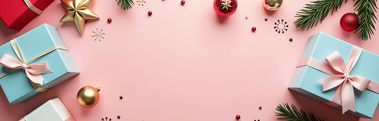 flat lay scene captures colorful christmas presents delicate decorations festive winter elements soft pastel pink backdrop