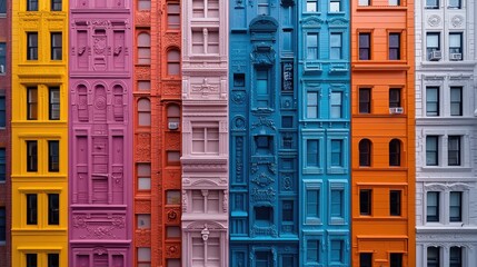 Vibrant Row of Colorful Buildings Featuring Ornate Facades and Diverse Architectural Styles Under Natural Daylight
