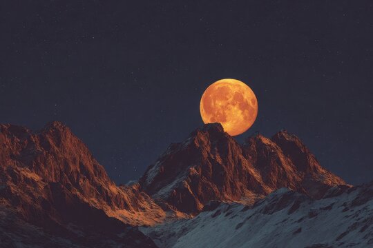 A large orange moon is rising over a mountain range