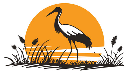 Fototapeta premium Majestic Crane Bird Silhouette Standing in Wetland Reeds at Sunset Peaceful Nature Wildlife Illustration for Conservation and Travel