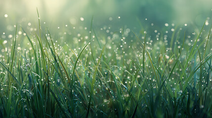 Fresh green grass with morning dew, set against a softly blurred natural background with shimmering bokeh light and a gentle morning atmosphere.