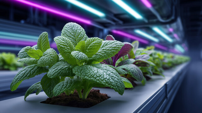 Growing fresh vegetables in a modern indoor hydroponic farm under LED lighting, representing sustainable urban agriculture and clean food production.