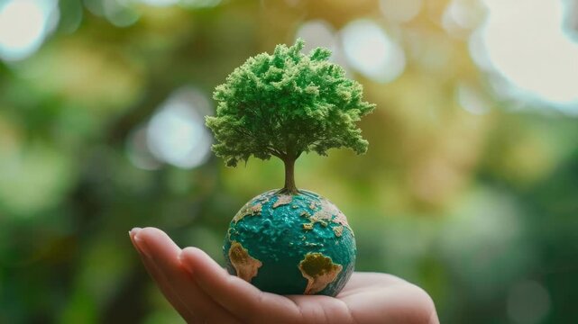 A human hand gently cradles the Earth, which is sprouting a vibrant green plant. The symbolizes environmental protection and care for our planet's natural growth.