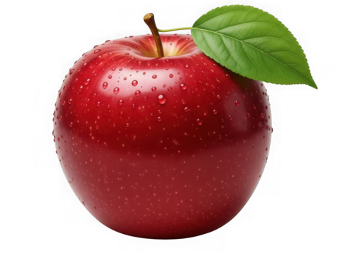 Fresh red apple with water droplets and a green leaf, isolated on transparent background