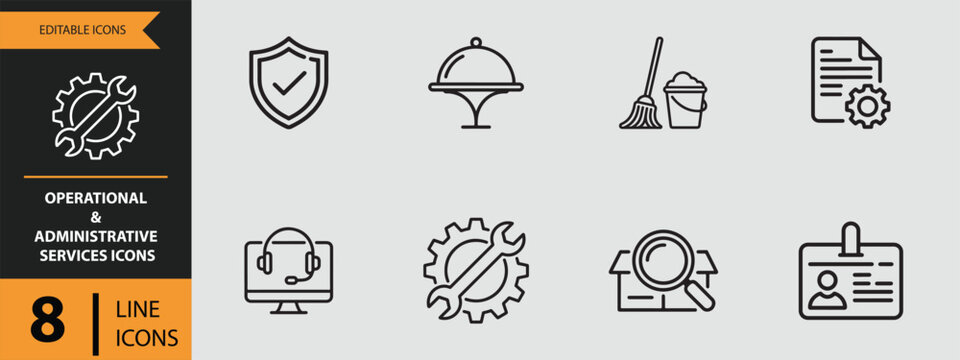 Eight operational and administrative services outline icons isolated on white background