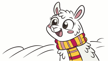 Obraz premium Joyful Llama Wearing Scarf, Winter Snow Fun, Cheerful Animal Character for Kids' Content, Educational Media, Holiday Greetings, and Whimsical Marketing Campaigns