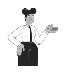 Black female office worker explaining gesture doodle linear character. African american corporate woman instructor 2D vector outline person isolated. Hand drawn drawing illustration monochrome