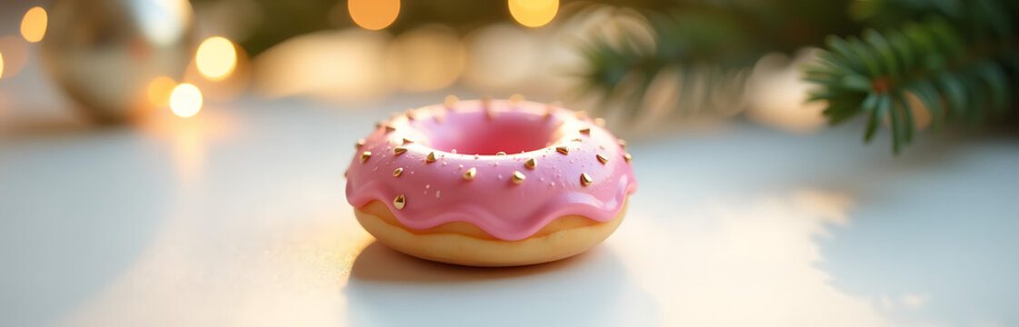 delicate handcrafted christmas ornament shaped like fluffy pink doughnut rests minimalist white background bathed warm golden